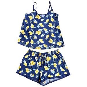 Gillian & O’Malley Navy Blue Yellow Lemon Cami Pajama PJ Tank Shorts Set Size M